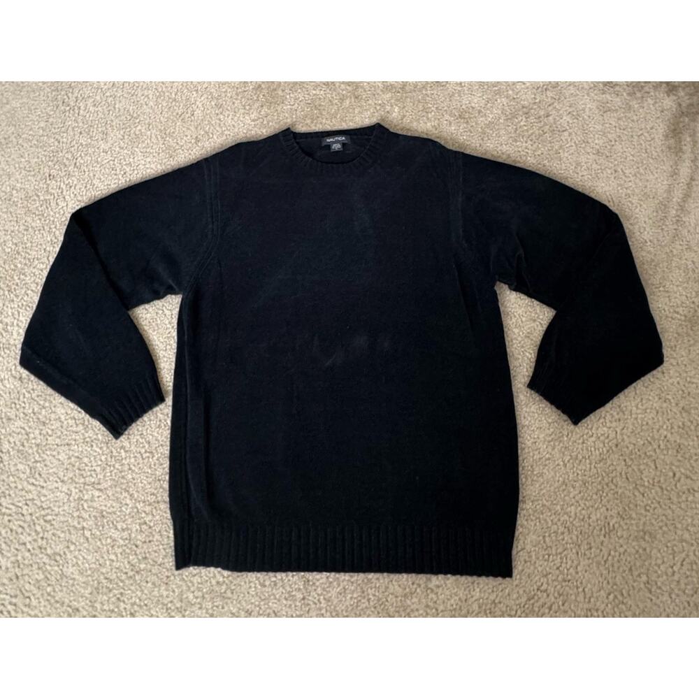 Nautica Mens Sweater Large Black Fleece Lined Crewneck Pullover Warm